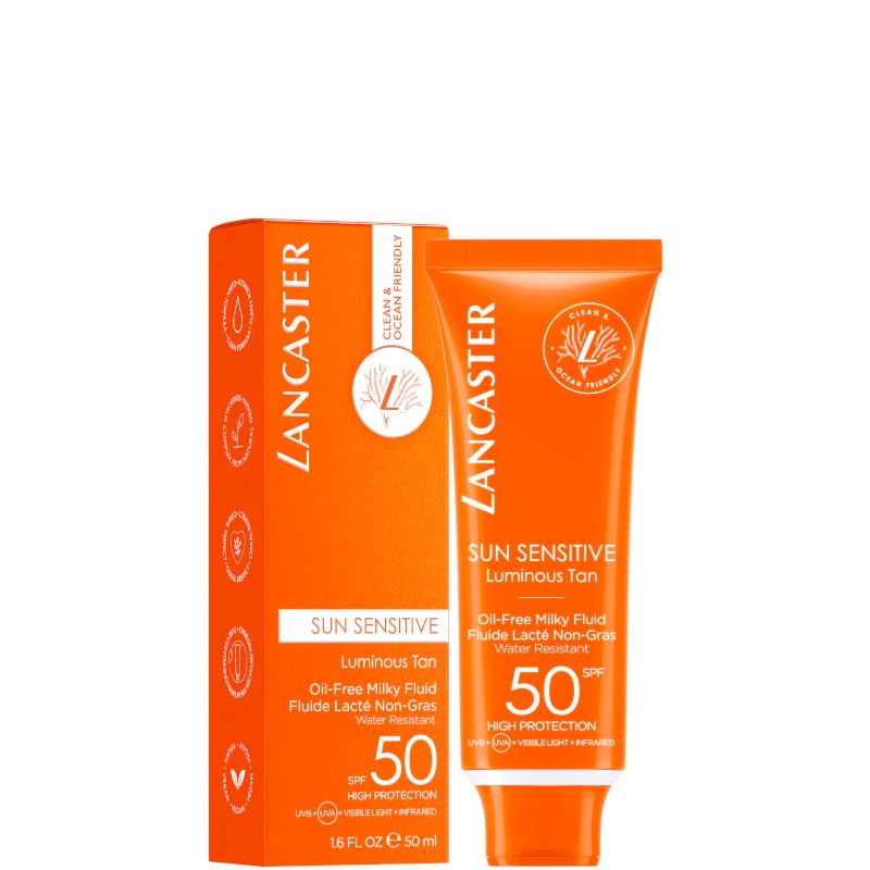 Lancaster Sun Sensitive Luminous Tan Oil-Free Milky Fluid SPF50 per il viso, 50 ml